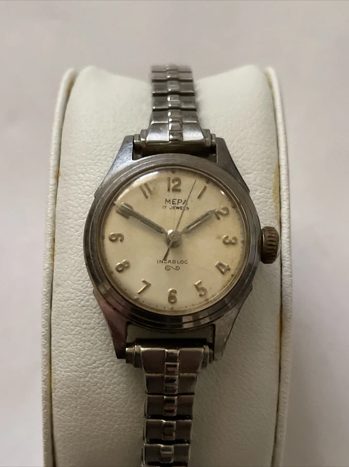 Reloj Mecánico Vintage Damas MEPA INCABLOC 17 Joyas Tono Plata ¡FUNCIONA MUY BIEN! Foto 2 de 4