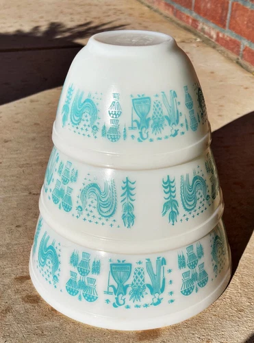 Vtg Pyrex Turquoise Amish Butterprint Nesting Mixing Bowls Set SML 401 402 403