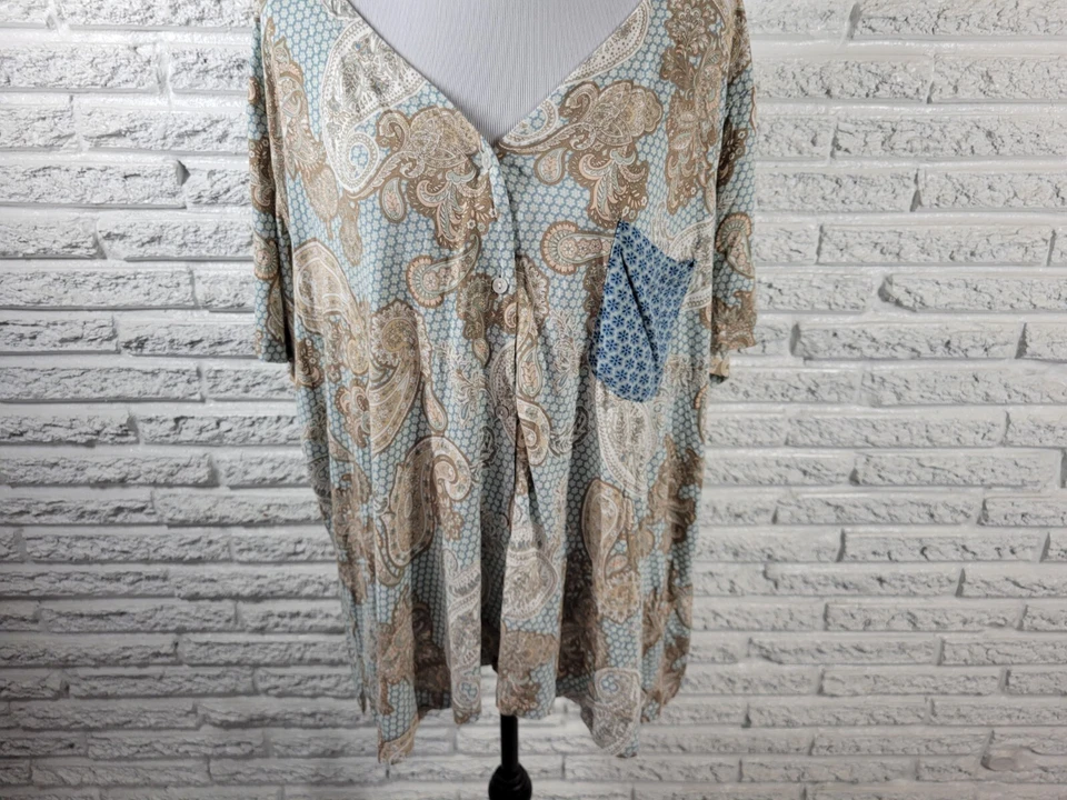 Live Well Womens Top 22W 24W Plus Pajama Blue Tan Paisley Pocket Loungewear Soft - Image 4 of 4