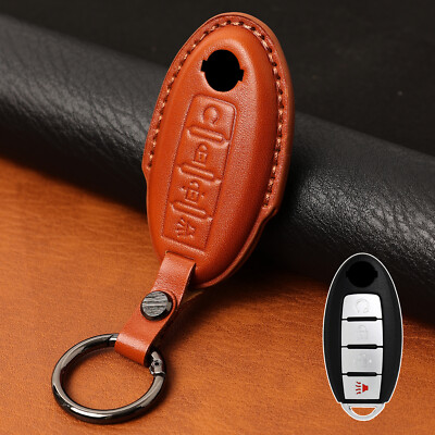 4 Button Key Fob Cover For Nissan Rogue Titan XD Leaf LEATHER Remote Case Chain