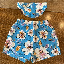 VTG 1980s Girl s 5 Hawaiian Shorts Visor Set Floral Blue Multicolored USA
