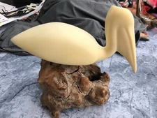 John Perry Pelican Sculpture on Burl Wood - Large Single Perch 9" wide x 8" tall