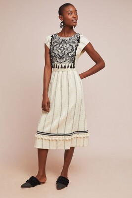 white tasseled embroidered midi dress