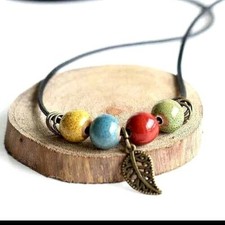 Glazed Ceramic Bead Necklace Leaf Necklace Bohemian Colorful Beaded Necklace