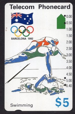 AUSTRALIA 1992 $5 Olympic Swimming Telecom Phonecard in good condition