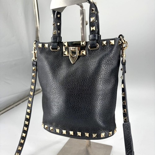VALENTINO GARAVANI Rockstud 2Way Tote Shoulder Bag Black Leather Gold Women
