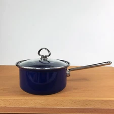 Vtg Chantal Cobalt Blue Enamel Cookware 1.5 Quart Sauce Pan Pot w/Glass Lid #17