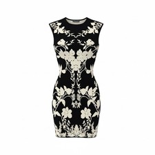 Alexander McQueen Black Ivory Floral Knit Bodycon Dress Size S Italy