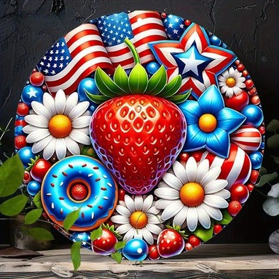 Starry Flowers Round Iron Sign, Patriotic Design Metal Sign Donut Delight Decor