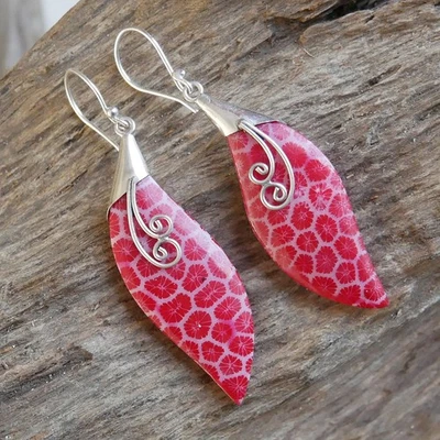 Asymmetrical Red Colour Coral Earrings 925 Sterling Silver Jewellery - EA101 - Image 1 of 4