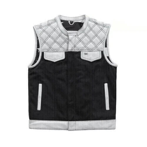 Men’s Motorcycle Club Leather Vest – Handmade Black Diamond-Stitched Biker