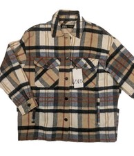 NWT Zara Oversized Shacket Womens SMALL Check Overshirt Plaid Wool Blend Brushed