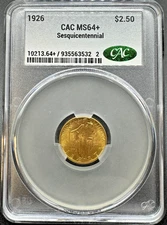 1926 $2 1/2 SESQUICENTENNIAL COMMEMORATIVE GOLD DOLLAR CAC GRADED MS64+ 11XXXA25