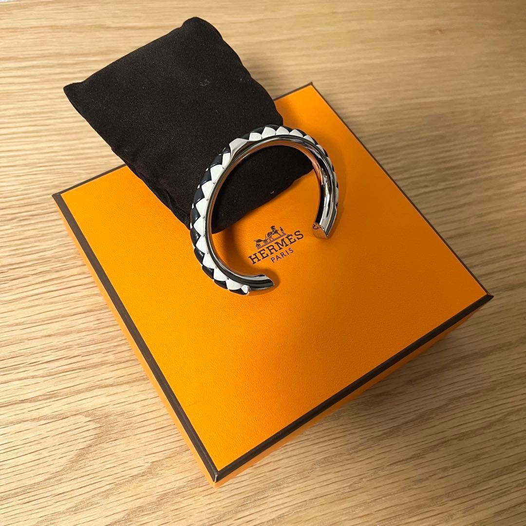 Hermes Kyoto Tresse Bangle Black White Pre owned 4.9 in Wrist Size thumbnail 2