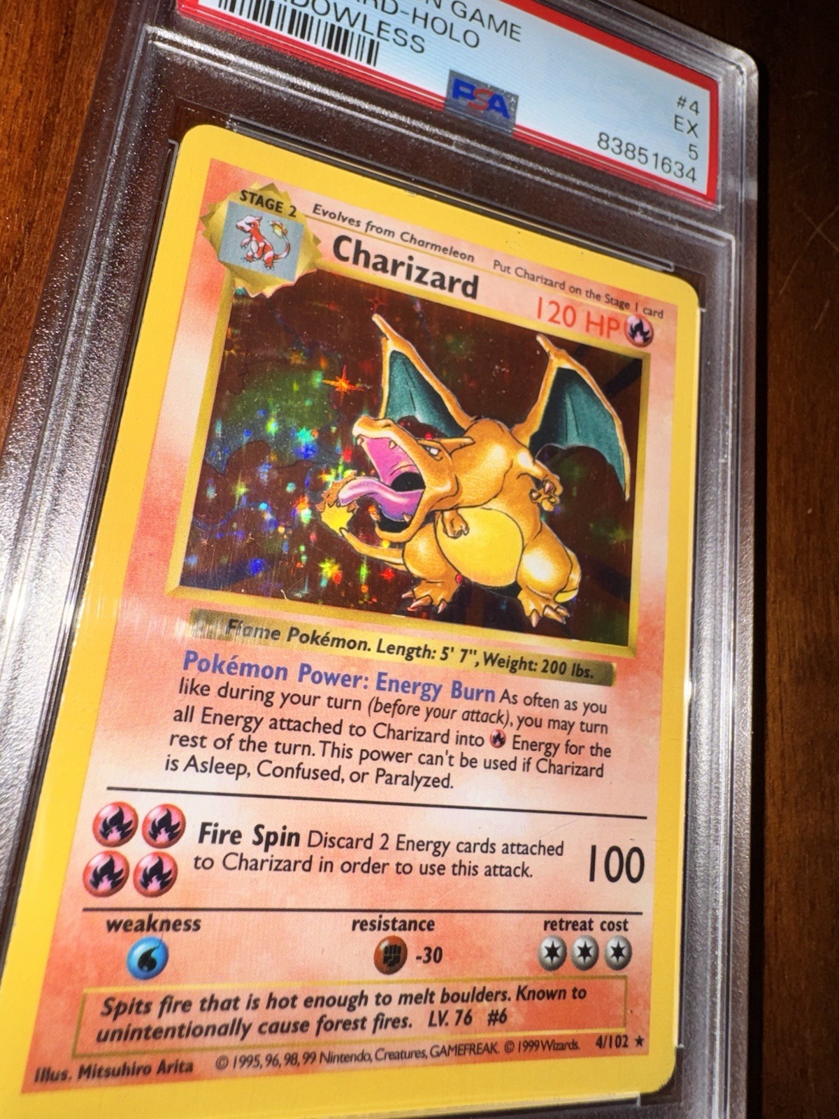 Pokémon TCG Holo Charizard Base Set Shadowless, PSA 5, Clean Copy English view 5