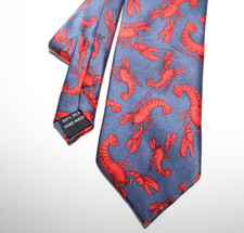 Utopia Blue Silk Red lobster Tie Preppy Maine New England Ivy Style 3.75" Wide