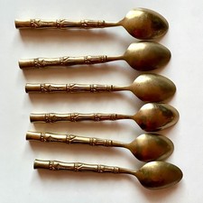 Vintage Brass Spoons Set Metal handles x6 Tea Asian Thailand MCM Collector Gift