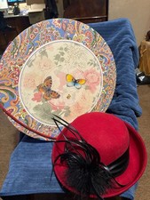Vtg Amanda Smith Red Wool Felt Bowler Hat Black Feather Paisley Butterfly Box