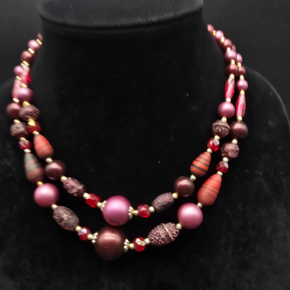 Vintage Japan Purple Red Beaded Necklace Double Strand Multi Layer