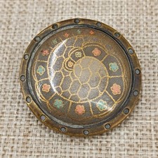 Victorian Painted Under Glass Dome Button Gilt Brass 27mm Floral Shank Pink