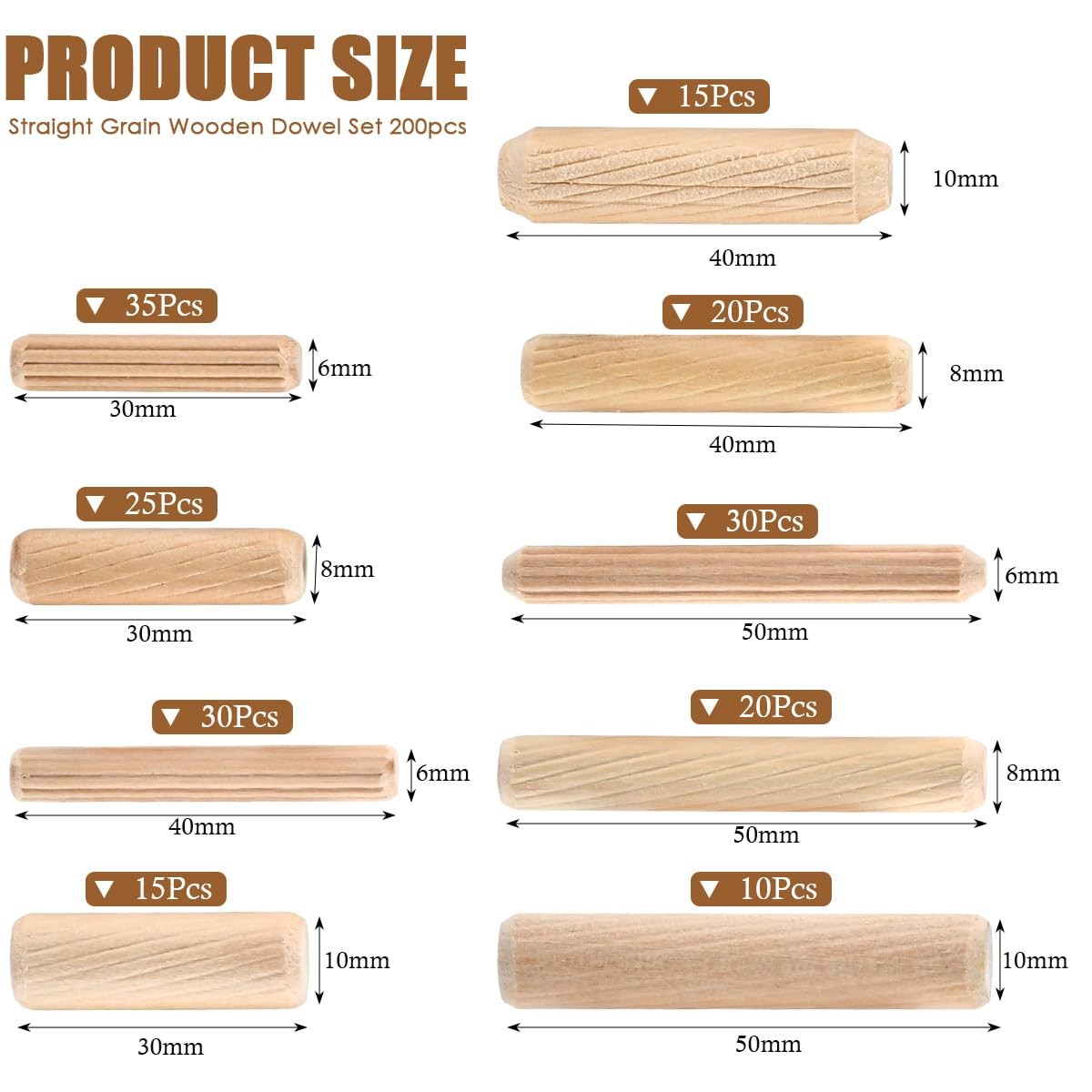 Wooden Dowel Pins 200 PCS 9 Sizes with Tapered End Fluted Wood Peg 