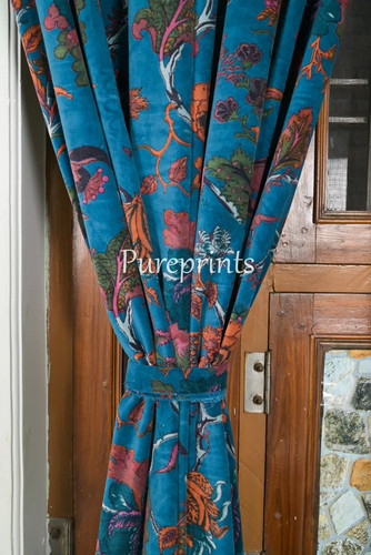 Boho Cotton Velvet Curtains Teal Blue Luxury Drapes Customizable - Picture 6 of 7