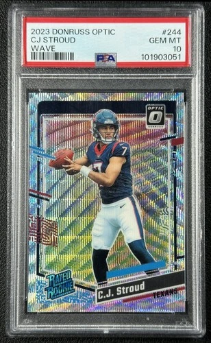 CJ STROUD PSA 10 2023 PANINI DONRUSS OPTIC #244 WAVE PRIZM RC RATED ROOKIE /300