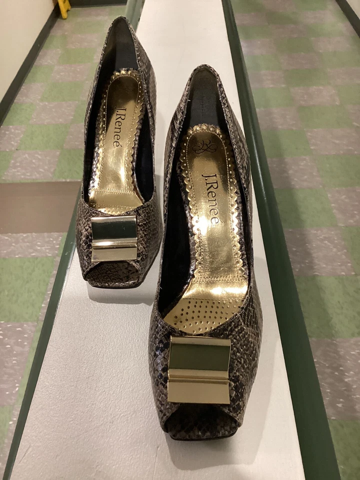 J. Renee Catrice Black Brown Python Print Peep Toe High Heel Pumps 9.5 M - Image 2 of 4