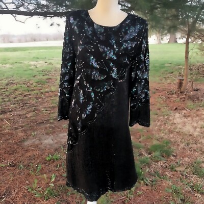 Vintage JLB Black 100% Silk Sequin Beaded Long Sleeve Dress M | eBay Vintage JLB Black 100% Silk Sequin Beaded Long Sleeve Dress M | eBay