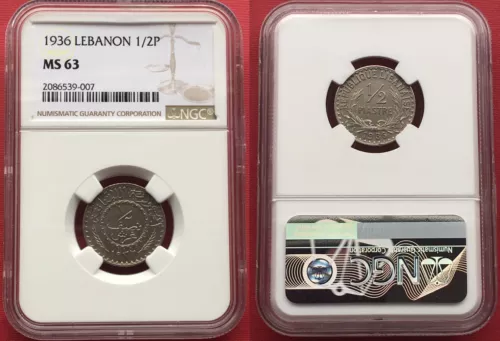 LEBANON , 1/2 PIASTRE 1936 - NGC MS 63  (DL) , RARE
