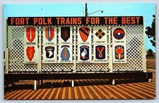 Postcard LA Fort Polk Army Base Trains For The Best Emblems Units Vietnam Era G7