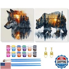 2 Pack Paint by Number for Adults Beginner, Bear Painting by Number Kit, Wolf