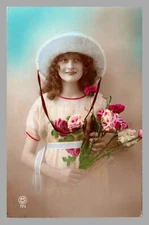 Young Woman Flower Bouquet Wide Brim Hat c1910 Hand Colored RPPC UNP Postcard