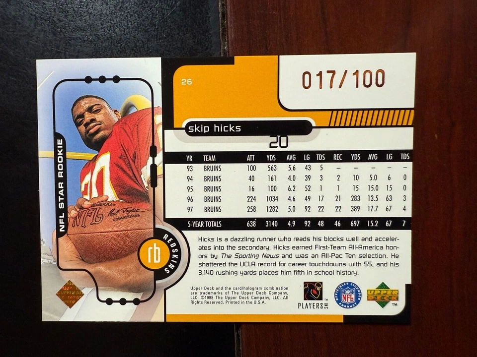 1998 Upper Deck  - NFL Star Rookie  #26 Skip Hicks /100 (RC) - Image 2 of 2