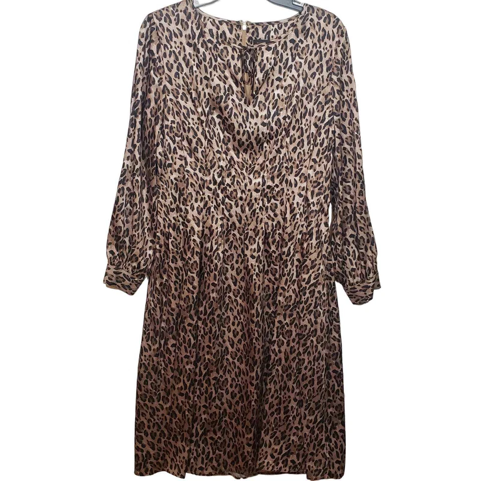 Donna Karan Leopard Dress 12 Satin Keyhole Bow Long Sleeve
