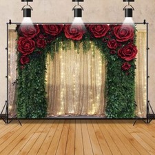 10x8FT Gold Sequin Backdrop with Red Rose  Green Vine Decor for Events