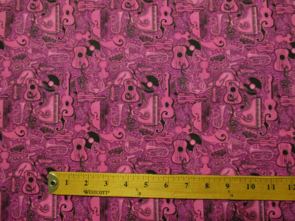 GUITAR MUSIC INSTRUMENTS NOTES RECORD PIANO PURPLE DIGITAL COTTON FABRIC BTHY  - Image 2 of 4