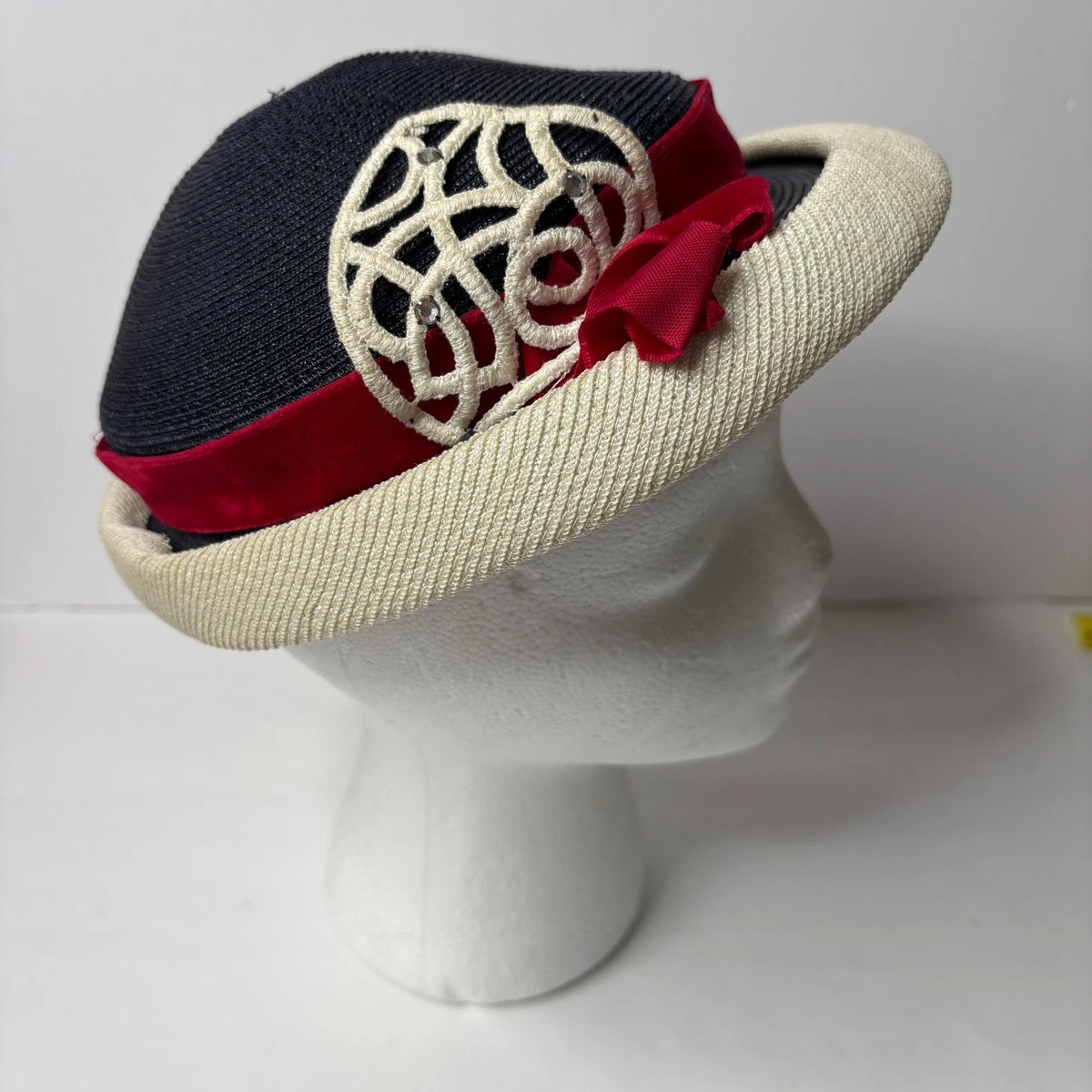 Vintage Womens Navy Blue Straw Hat With Red Ribbon‎ Trim and Lattice Detail Vintage Blue Straw Bucket Hat with Ribbon and Bows, 1960s 21  main image 2