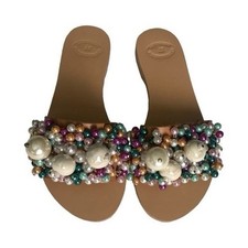 Women s Slide Sandals Slip-On Beige with Multicolor Beaded Strap Casual