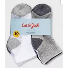 Cat Jack 10 Pair Ankle Socks Boys Gray White Black Athletic Comfort