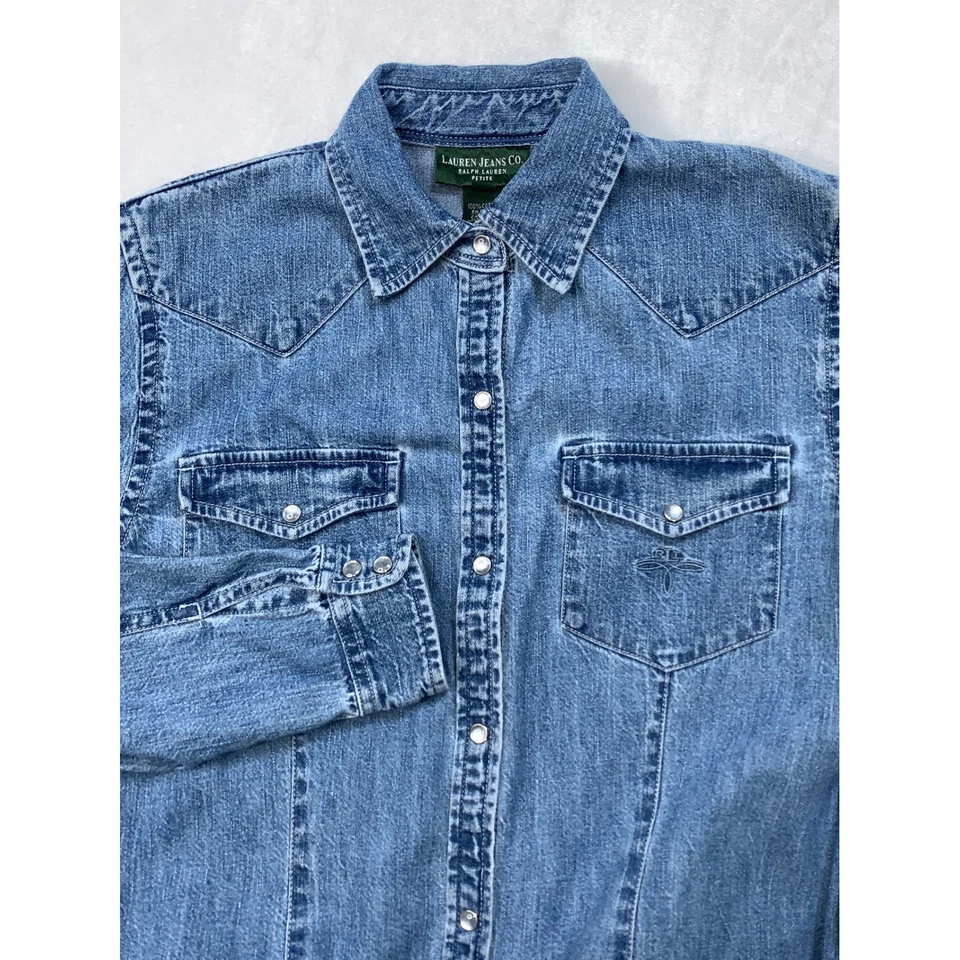 Lauren Jeans Co Ralph Lauren Petite Denim Maxi Shirt Dress Pearl Snap Vintage - Image 3 of 4