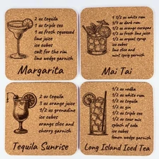 Cocktail Recipe Cork Coasters: Laser Engraved Drink Set of 4