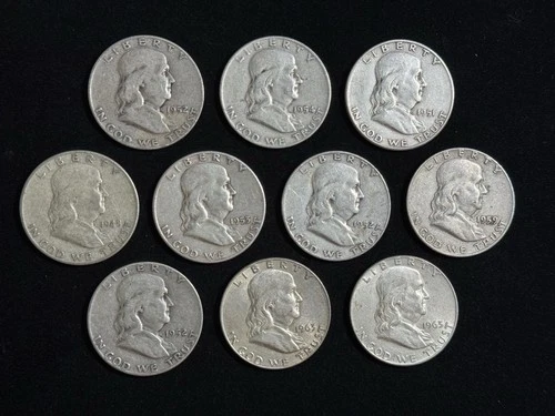 10 Lot - Mixed Franklin Half Dollars in Fine Condition 90% Silver 50 Cent Pieces
