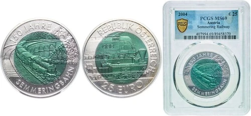 Austria 2004 25 Euros Bimetallic: niobium centre in silver (.900) ring PCGS M...