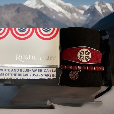 Patriotic Rustic Cuff Set Of 2 Bracelets One Stretch One Metal Cuff Red & Silver