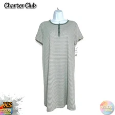 NWD Charter Club Women's XS Cotton Printed Henley Sleepshirt Green Stripe