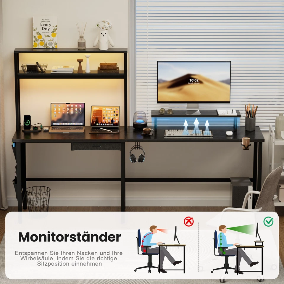 Gaming Tisch L Form mit Schubladen & LED, Echreibtisch mit Steckdosen & Regal - Bild 2 von 4