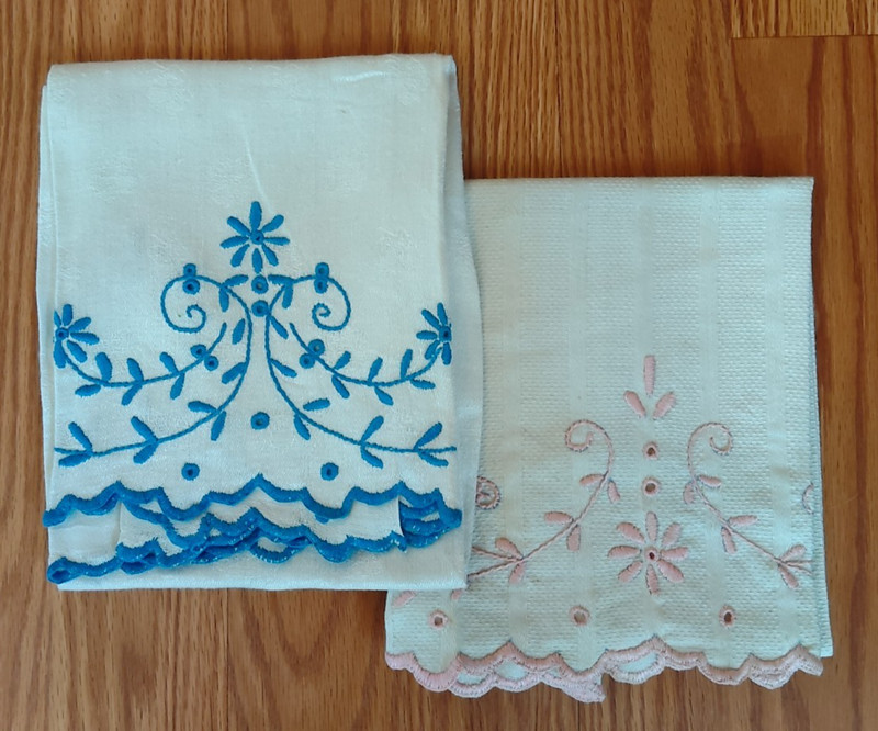 set of two vintage huck cloth towels 36 x 20 inches pink, blue