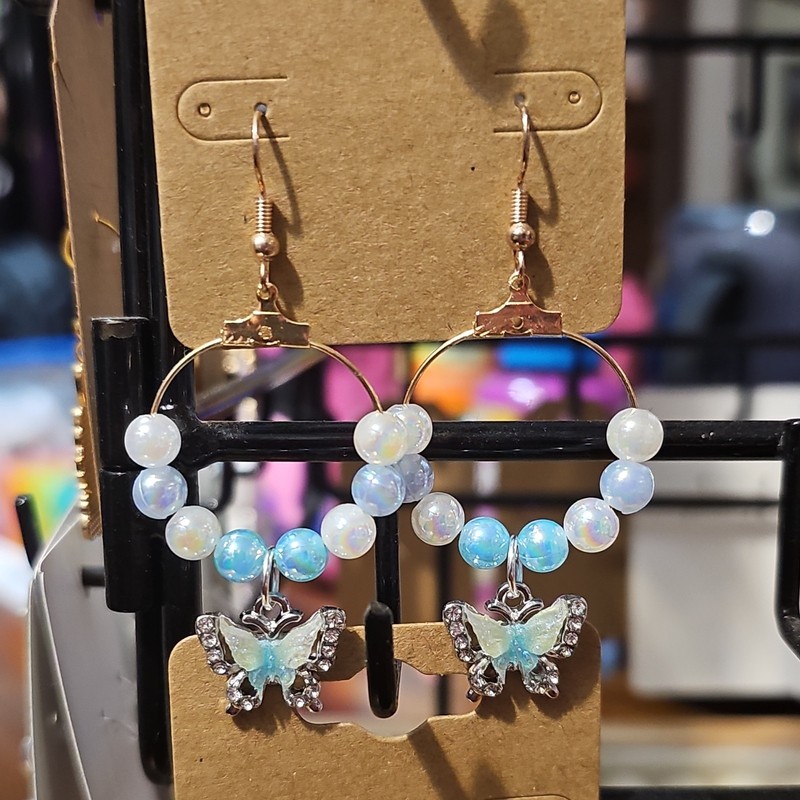 Handcrafted Beaded Butterfly Dangle Earrings Blue White Animal Theme