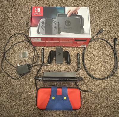 Lightly Used Original Nintendo Switch-Gray Joy Con. Custom Mario Case & 250GB SD
